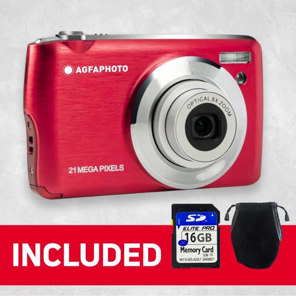 AGFAPHOTO Realishot DC8200 - Kompakt Digitalkamera 18MP, Full HD Video, LCD 2.7'', 8X Zoom, 16GB SD-kort - Röd