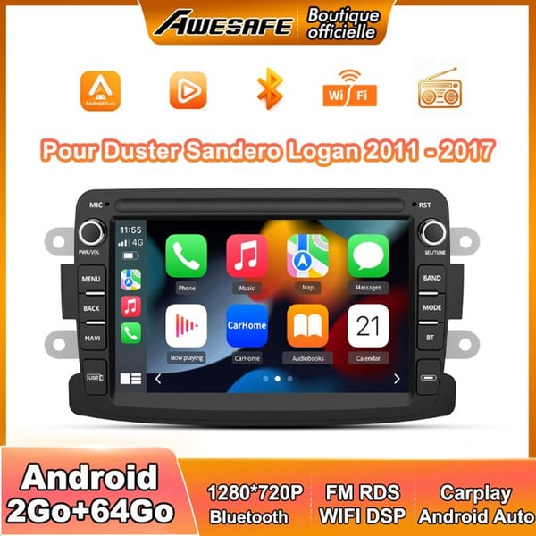 AWESAFE Android 13 2GB+64GB bilradio för Renault Dacia Duster Sandero Captur Lodgy Symbol Logan 7"-skärm Carplay Android Auto