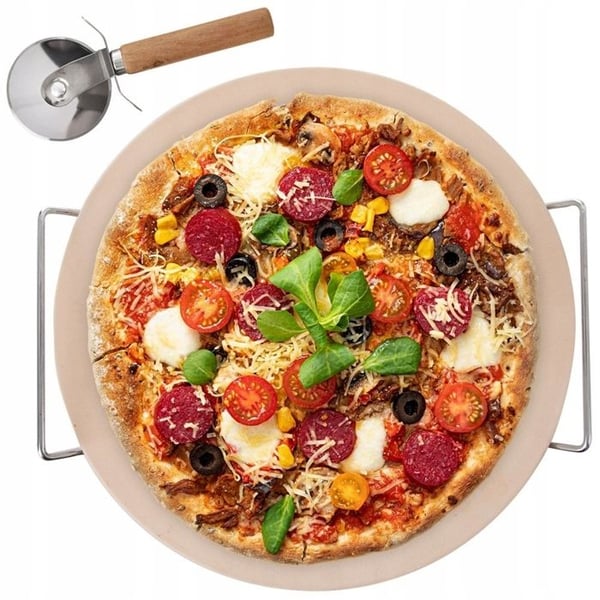 Pizzasten - ORION - 33 cm - Med Ställ och Kniv - Chamotte - Krispig