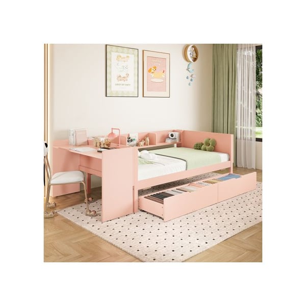 Lys enkeltseng - Træ - 90x200 cm - Rosa - Med skrivebord - 2 opbevaringsskuffer