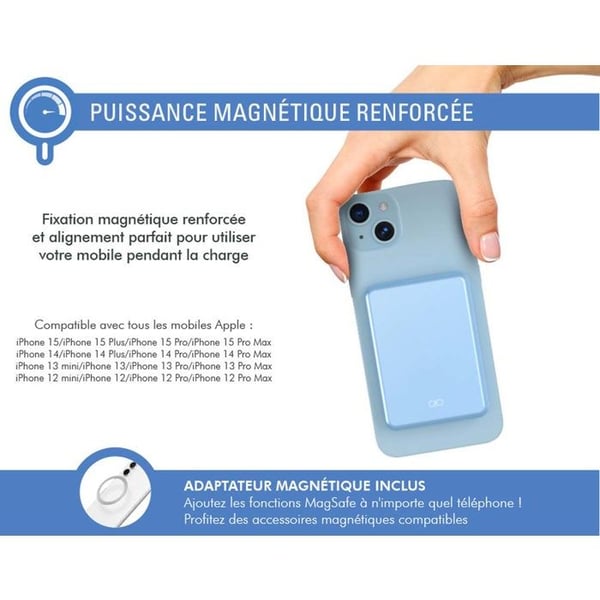 Powerbank - FORCE POWER - 5000mAh - Kompatibel med MagSafe - Induktionsladdning 15W - Blå