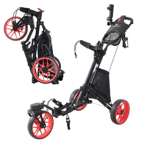 CITYSPORTS Golfvogn med 3 hjul, sammenklappelig, 360°-justerbart håndtag, aftagelig paraplyholder, sort taske med rød.