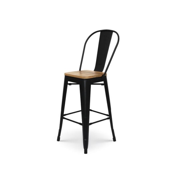 KOSMI - Industriell stil mattsvart metallbarstol med hög rygg och ljus träsits - Höjd 66cm