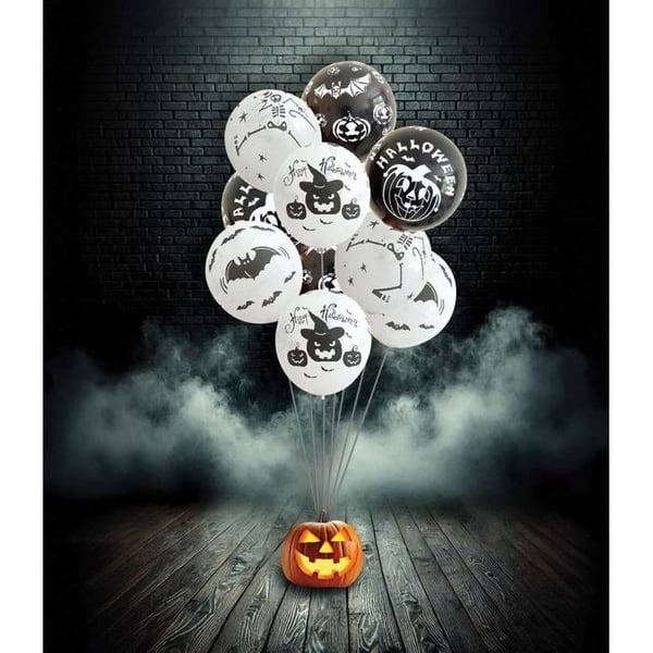 Ballong Ø 23cm - Halloween - vit, svart - paket med 10