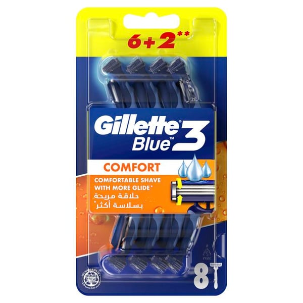 Engångshyvel - Gillette - Blue3 - 6 enheter + 2 gratis - 3 blad - Rörhandtag med halkskydd