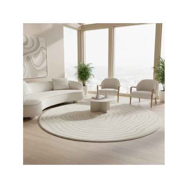 Modern rund matta med flytande relief och överlappande organiska linjer (Dimension: 120 cm rund - Färg: Cremè)