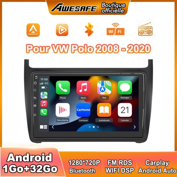 AWESAFE Bilradio Android 13 1Go+32Go för VW Polo (2008-2020) 9'' Pekskärm med Carplay GPS Bluetooth Android Auto RDS WiFi
