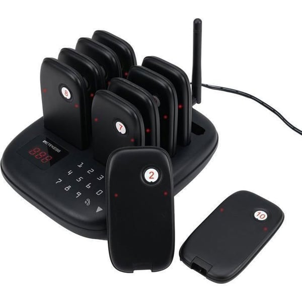 Retekess TD175S Pager Trådlöst System, Restaurang-Teleavertiser, 1000m, 7 Ringningslägen, för Klink, Hotell, kaféer (10 Pagers)