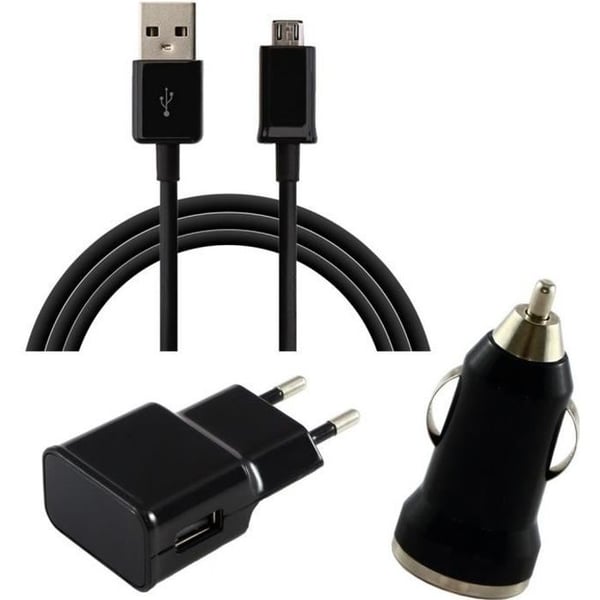 [Kompatibel med Samsung Galaxy J1-J3-J5-J7-2015-2016-2017-J6-J6+]Pack Laddare 3i1 Kabel-Laddare Väggadapter-Biladapter Svart[Phonillic]