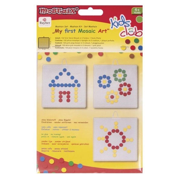 Mostaix Kit: "Min första mosaikkonst", Innehåll 150 mosaikbitar att fästa, 1 perforerad platta.
