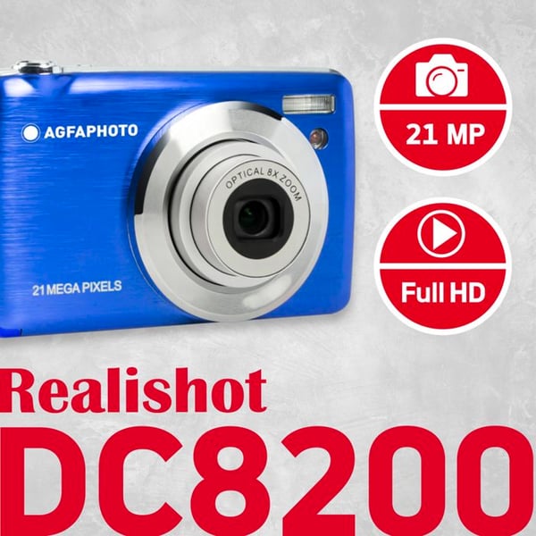 AGFAPHOTO Realishot DC8200 - Kompakt Digitalkamera 18MP, Full HD Video, LCD 2.7'', 8X Optisk Zoom, 16GB SD-kort - Blå