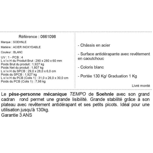 Tempo Mekanisk Personvåg - SOEHNLE - Vit - 130 kg/1kg