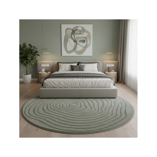 Modern rund matta med flytande relief och överlappande organiska linjer (Dimension: 120 cm rund - Färg: Grön)