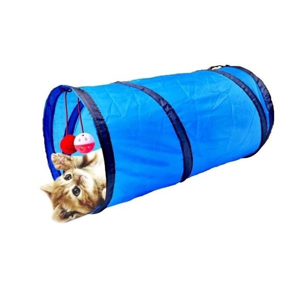 Pet tunnel med klocka och boll vovve och blå katt