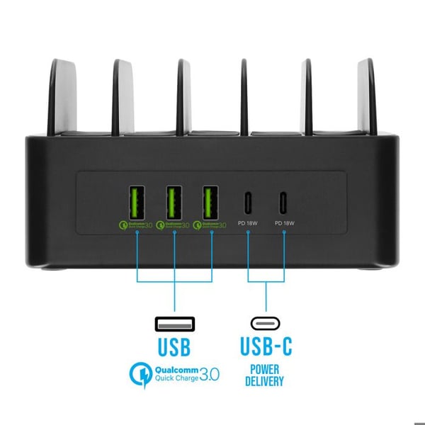 Laddstation 100W med 3 USB och 2 USB-C Kompakt Fläkt Svart