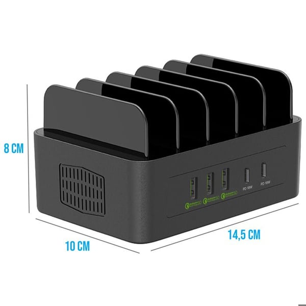 Laddstation 100W med 3 USB och 2 USB-C Kompakt Fläkt Svart