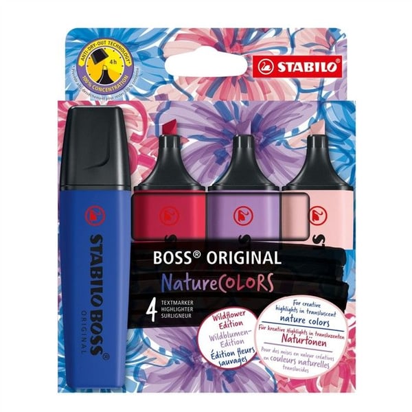 STABILO BOSS ORIGINAL NatureCOLORS - Marker med vattenbaserat bläck, sned spets 2–5 mm, förpackning med 4 färger Vildblomma