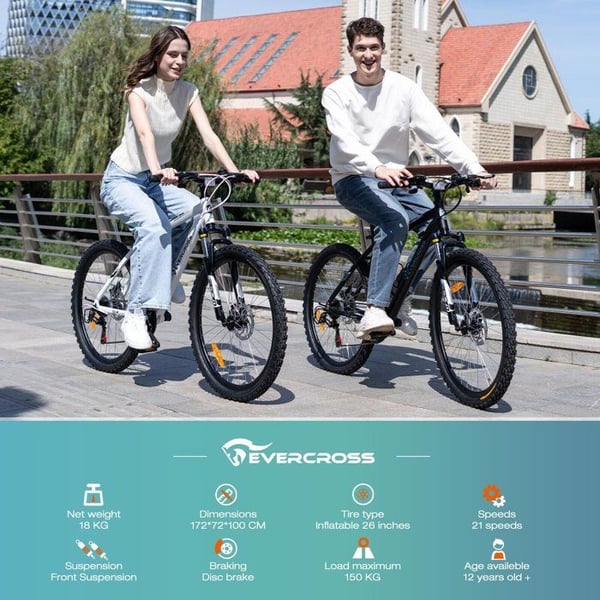 Vélo VTT EVERCROSS TECH EM3 Däck 26" Aluminium, 21 växlar, skivbromsar, framfjädring – Terrängcykel Vit