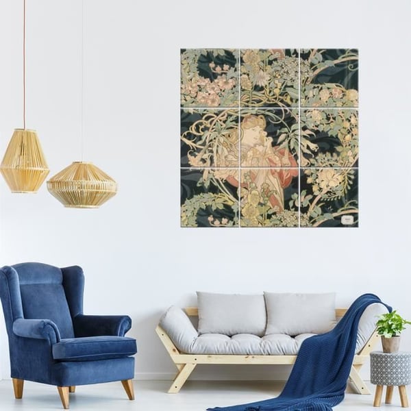 Legendarte - Multi Panel Målning Kvinna Med Daisy - Alphonse Mucha cm. 150x150 (9 paneler)