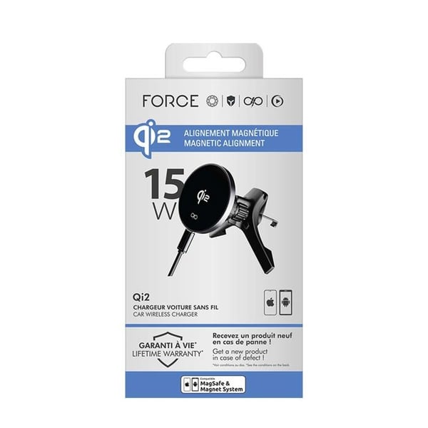 Stöd för bil med ventilation - FORCE POWER - MagSafe Qi2 15W - Laddning 15W - Rotation 360° - 3-punkts fäste