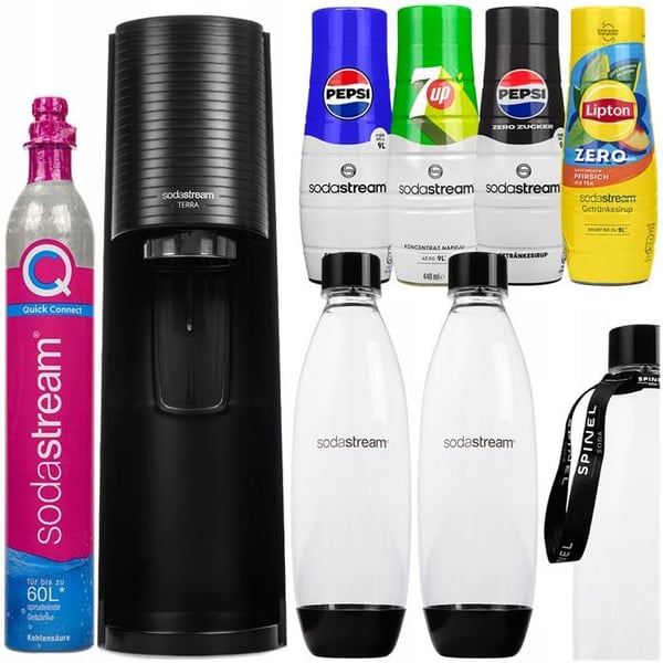Sodamaskin - SodaStream - Terra - 2 flaskor 1L - 1 CO2-cylindern - 4 siraper Pepsi 7UP Lipton