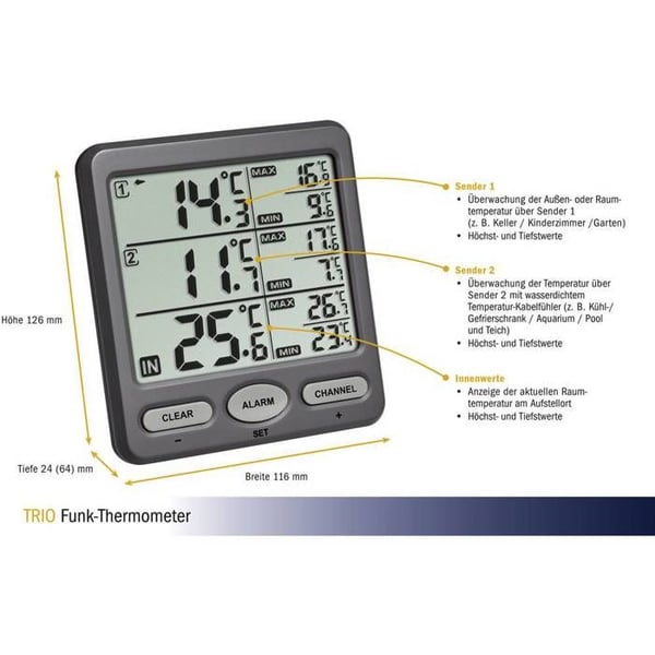 TFA Dostmann TRIO Radiostyret termometer antracit 30.3062.10 | TERMOMETER - PLUVIOGRAM - BAROMETER
