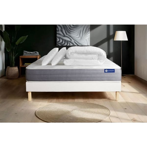 Komplett sängpaket 140x200 cm - Madrass + Sängbotten Vit (i kit) + 2 kuddar + Täcke - Actimemo Dr