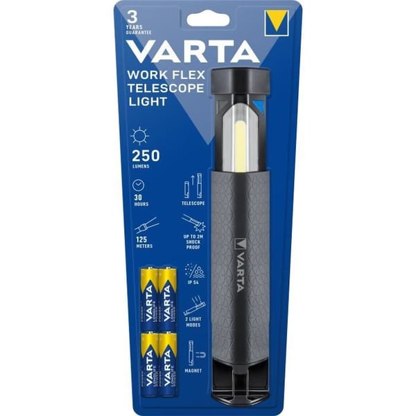 Torch-VARTA-Work Flex Telescope Light-250lm-Teleskopisk-Månganvändning-Högpresterande LED-Magnetisk-IP54-4 AA-batterier ingår