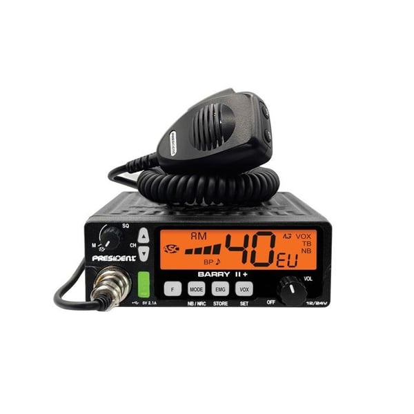 President Barry II+, CB 12V 24V, kommunikation AM FM, färg LCD-skärm, VOX handsfree, brusfilter, skanning och hopp, USB