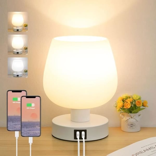 Taktile Sänglampa - Vit - Variabel Intensitet 3 Vägar - 2 USB-portar - Inkluderad LED-lampa