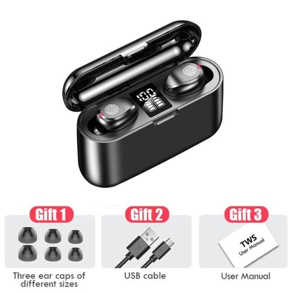 Svart färg F9-2 trådlösa hörsnäckor F9 F9 Tws 9d Stereo Headset Music Touch Earbuds Comp
