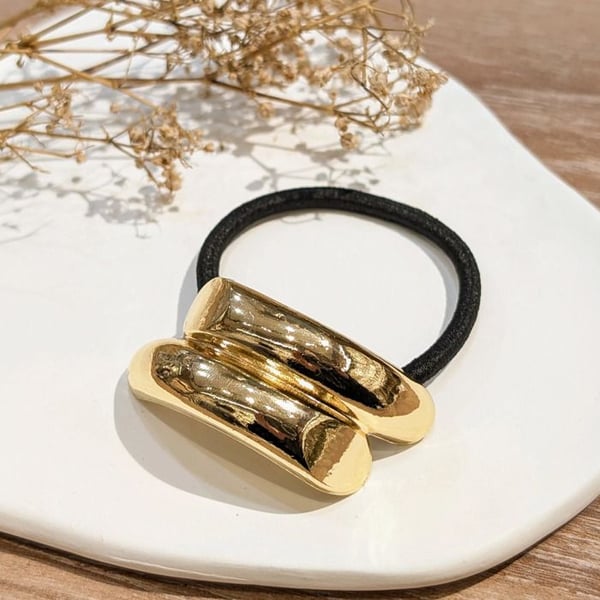 Hårsnodd - AVIZAR - Dubbelring ärm - Guld Svart - Chic och Elegant - Volym