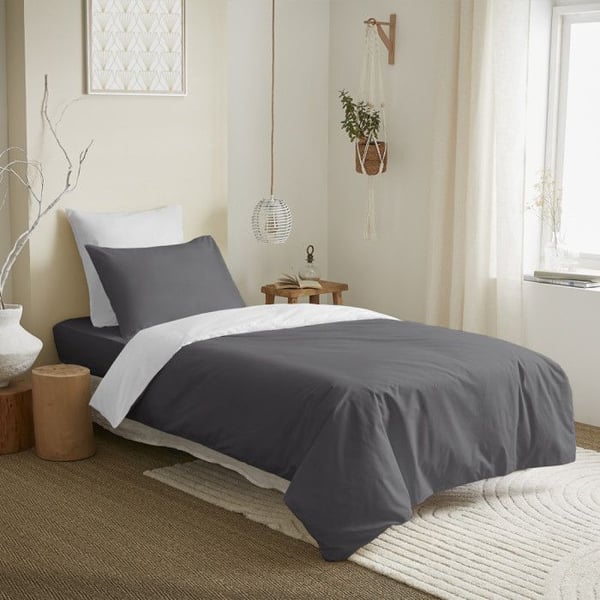 Komplett set 4 delar Antracit/Vit vändbar påslakan för säng 90 x 190 cm - Vit - Komplett set 4 delar Antracit/Vit vändbar påslakan för säng 90 x 190 cm - Vit -
