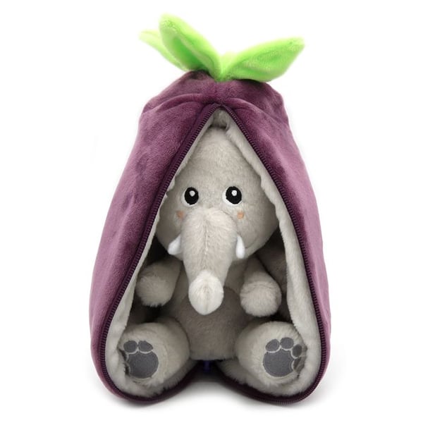 Plyschleksak - Les Déglingos - Flipetz Elephant Aubergine - 2 i 1 - Tvättbar - 13x10x24 cm