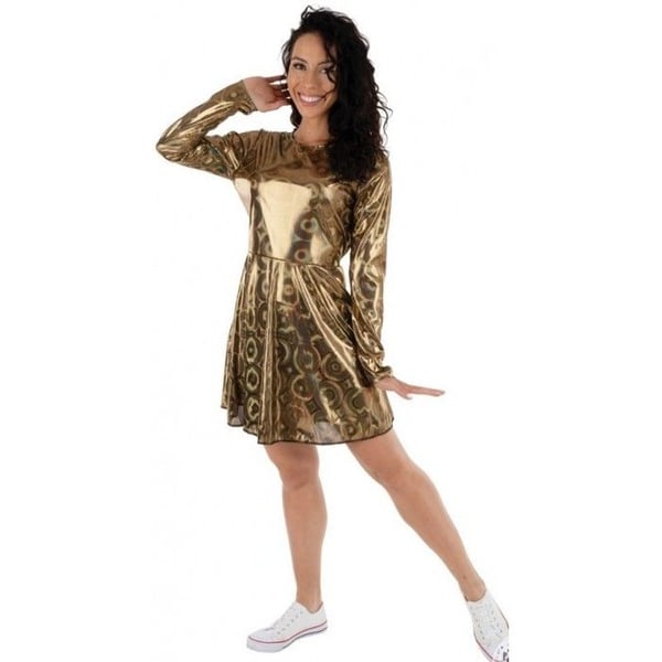 Kostym - LITEN CLOWN - Guld Disco Klänning Dam - Guld lamé prickar - Långa ärmar - Elastisk midja