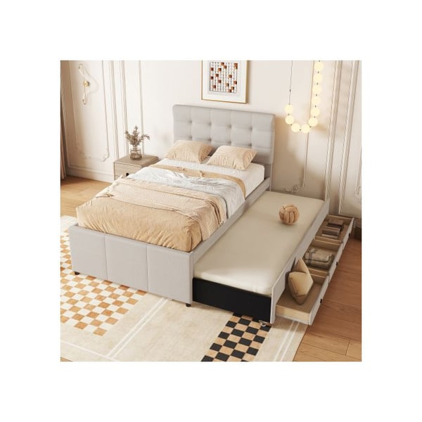 Säng med stoppning, 90x200cm(90x190cm), Familjesäng, Säng med tre lådor, Utan madrass, Beige färg