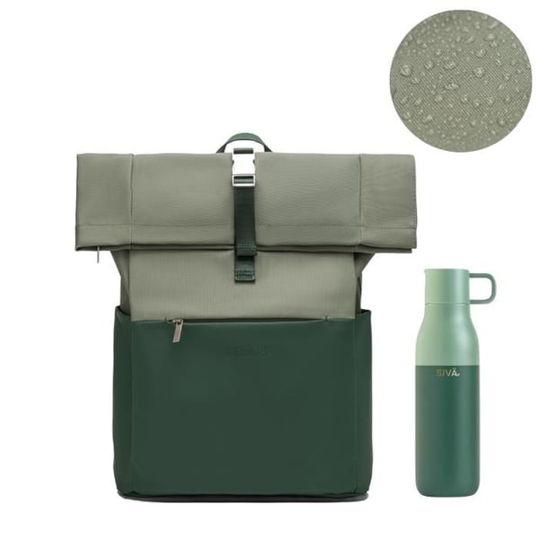 Roll-Top CELIMS Ryggsäck | Handbagage 40x30x20cm | Vattentålig & Ultra-Hållbar | Vattenflaska Ingår | Grön