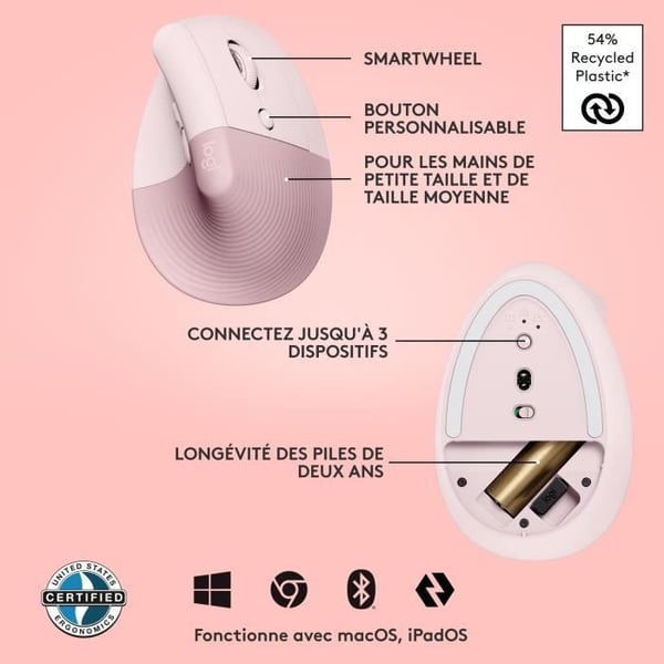 Mus - Trådlös - Logitech - Vertikal Ergonomisk Lyft - Rosa - Högerhänt