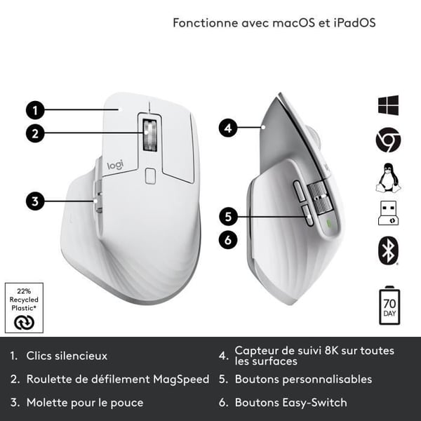Mus - Trådlös - Logitech - MX Master 3S - Ljusgrå