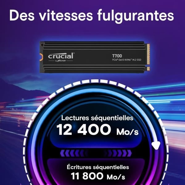 Intern SSD - Crucial - T700 - 2 To - med Diss - PCIe 5.0 - 12 400 Mo/s läsning - 11 800 Mo/s skrivning