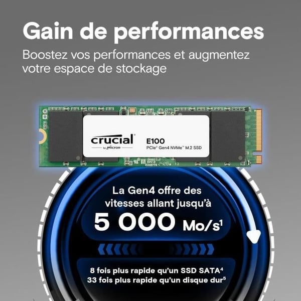 Intern SSD - CRUCIAL - E100 - 1 To - PCIe Gen4 NVMe M.2 - Upp till 5000 Mo/s