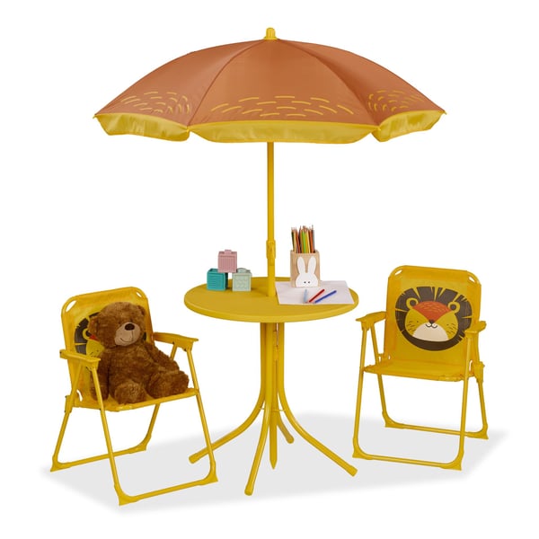 Børne campingmøbelsæt, bord 49,5x49,5 cm, stole 53x36x37,5 cm, parasol 87,5-126x100 cm, Kodustaar