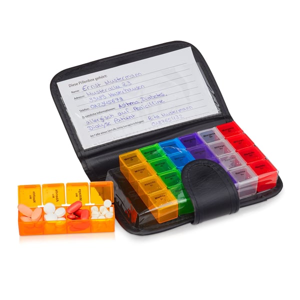 Pilleæske, 7-dages pilleboks med etui, 19,5x13,5x3,5 cm, Sort, Kodustaar