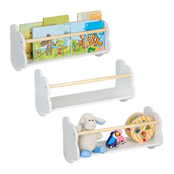 Bokhylla, Set med 3 barnbokhyllor i molnform, 24x50x18 cm, Vit, Kodustaar Bokhylla, Set med 3 barnbokhyllor i molnform, 24x50x18 cm, Vit, Kodustaar