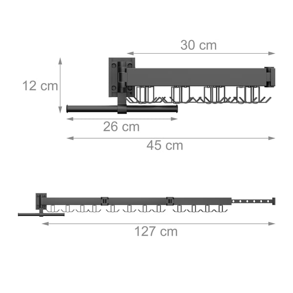 Väggmonterad klädstreck, 12x127x26 cm, aluminium, Kodustaar