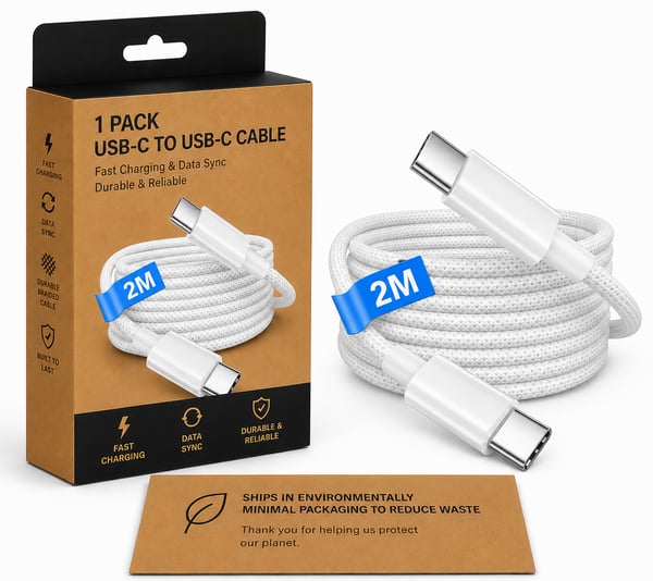 iPhone 15/16/17 PRO PLUS MAX Vävd Laddningskabel USB-C till USB-C Kabel  - 2m - 2 Meter Extra Lång 2 Meter