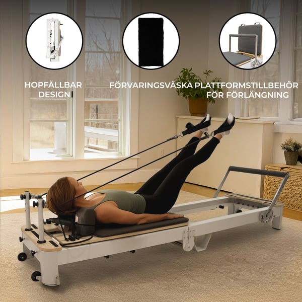 Sammenklappelig Pilates Reformer | Eg/Aluminium | Maks. belastning 200 kg | Remskiver, fodstang og tilbehør | Justerbart modstandssystem med fjedre |