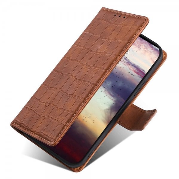 iPhone 14 Plus Etui Krokodillemønster Brun