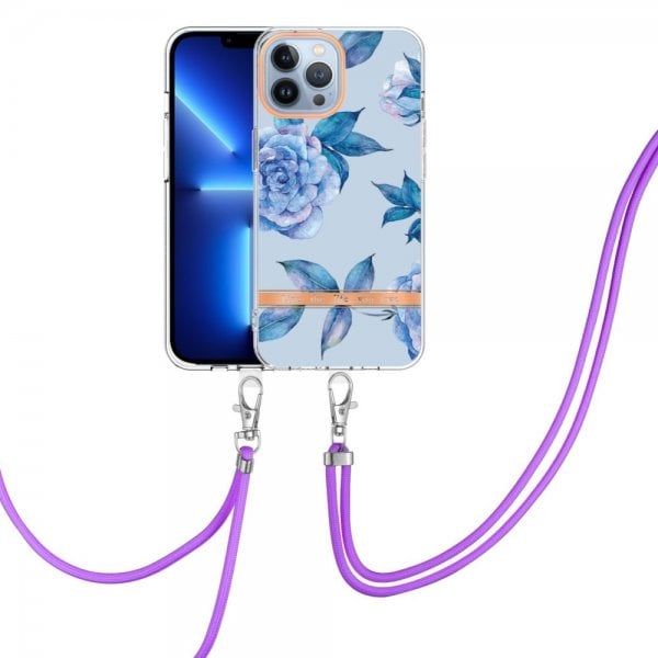 iPhone 15 Pro Max Deksel Blomstermønster Stropp Blå Pion