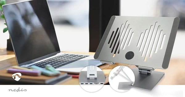 Nedis bärbar datorställ med USB-hubb, silver